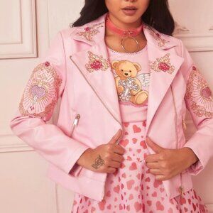 SUGAR THRILLZ:  Faith in Fantasy Embroidered Moto Jacket Pink, 2X US(NEW)